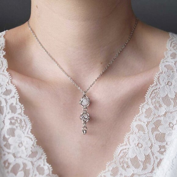 Whimsical fairy caged quartz and silver rosary pendant necklace - Picture 8 of 10